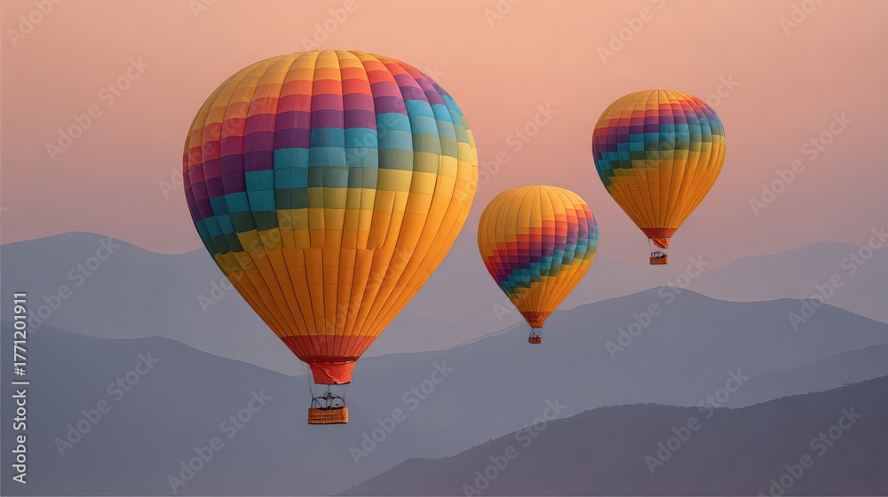 Obraz premium Vibrant Hot Air Balloons Soaring Above Misty Mountains at Sunrise with Soft Pastel Skies Creating a Serene and Picturesque Landscape in the Early Morning Light