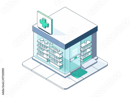 Isometric pharmacy storefront building, green cross sign, glass shelves interior, drugstore exterior icon, healthcare retail illustration vector