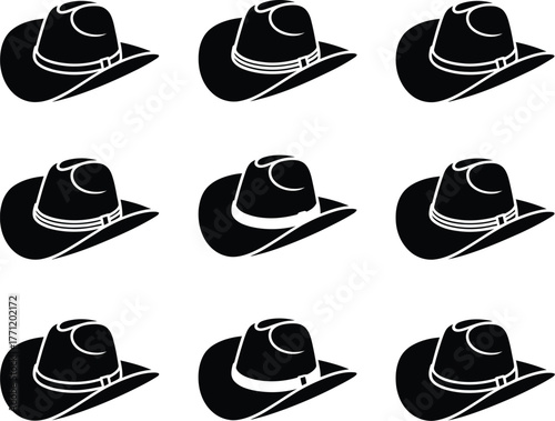 A set of nine black and white minimalist cowboy hat illustrations in a repeating pattern, vector graphic design element for western themes