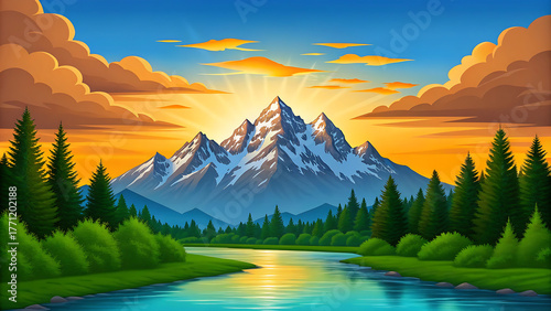 “Stylized Mountain Landscape – Snow-Capped Peaks, Sunset Sky, River & Forest in Vibrant Nature Illustration for Travel, Editorial & Fantasy Design”