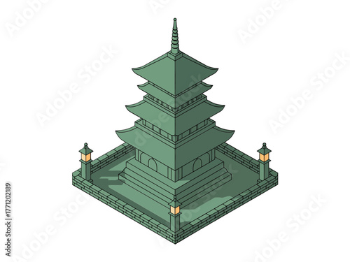 Traditional pagoda temple, green tiered roofs with finial, lantern posts on platform, cultural heritage landmark, isometric asian architecture
