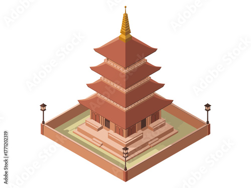 Red pagoda shrine, multi tier temple on raised deck, posts with lamps, heritage site illustration, isometric cultural architecture