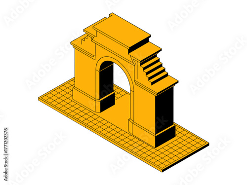 Historic city arch, bold yellow gateway with staircase, black interior passage, urban heritage landmark, isometric monument architecture illustration