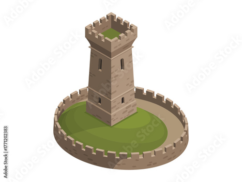 Fortified round bastion, central square tower within circular wall, cobblestone yard, medieval defense structure, isometric castle architecture vector