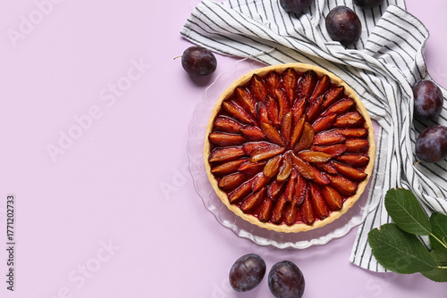 Plate with tasty plum pie, ...