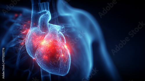 Human heart within the chest glowing at points of stress to illustrate cardiovascular disease risk, inflammation and urgent clinical attention.
