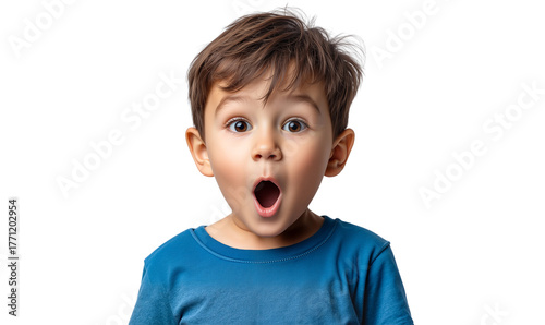 Adorable surprised little boy with wide eyes and an open mouth, expressing shock or amazement, isolated on transparent background