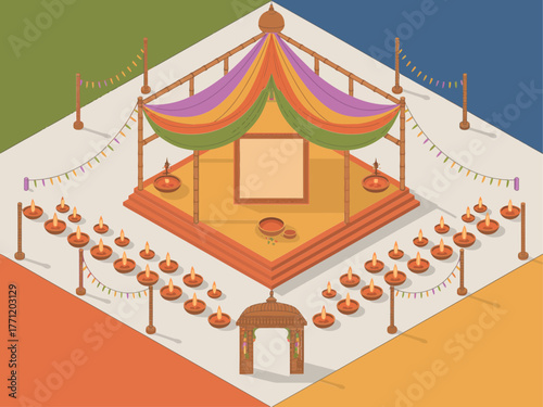 Festival stage canopy, colorful drapes and flags, rope boundary with lamps, open air celebration platform, vector illustration
