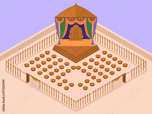 Gazebo pavilion stage, arranged seating rows, festive canopy roof, fenced square venue, cultural event setup, vector graphic