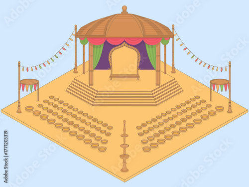 Circular pavilion stage, domed canopy, radial steps and seating, ceremonial event arrangement, elegant outdoor venue, vector illustration