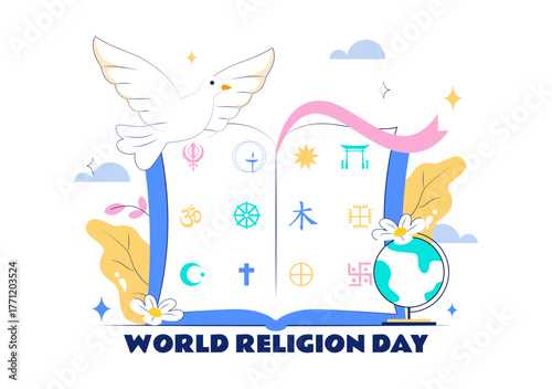 World Religion Day Vector Illustration with Symbol Icons of Different Faiths Promoting Unity and Respect Among All Beliefs in a Background
