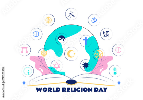 World Religion Day Vector Illustration with Symbol Icons of Different Faiths Promoting Unity and Respect Among All Beliefs in a Background