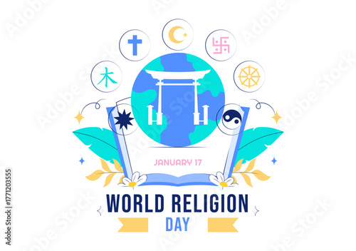 World Religion Day Vector Illustration with Symbol Icons of Different Faiths Promoting Unity and Respect Among All Beliefs in a Background