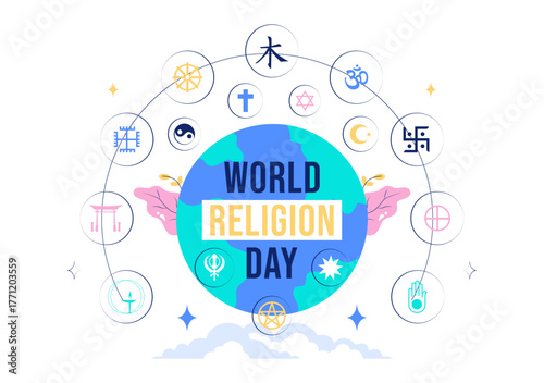 World Religion Day Vector Illustration with Symbol Icons of Different Faiths Promoting Unity and Respect Among All Beliefs in a Background