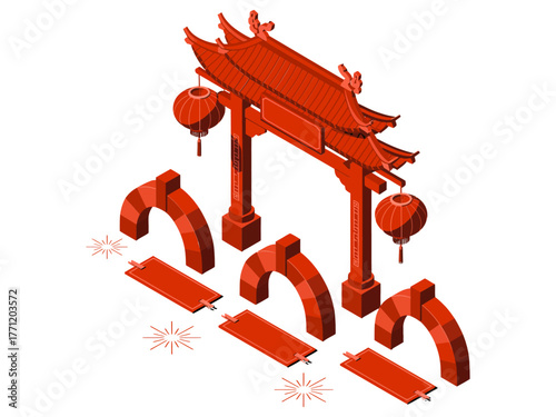 Festival gateway arches, red torii pathway with lanterns, celebratory streamers and spark symbols, cultural entrance design, vector illustration