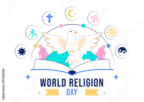 World Religion Day Vector Illustration with Symbol Icons of Different Faiths Promoting Unity and Respect Among All Beliefs in a Background