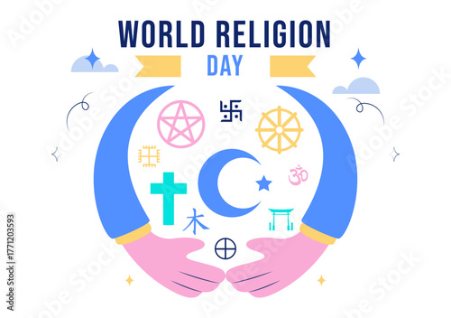 World Religion Day Vector Illustration with Symbol Icons of Different Faiths Promoting Unity and Respect Among All Beliefs in a Background