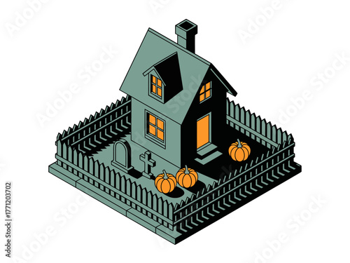 Isometric haunted residence, pumpkins by porch, wooden fence boundary, eerie teal palette, autumn spooky yard, holiday halloween vector
