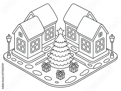 Isometric christmas village outline, monochrome houses and tree, line art gift boxes, minimalist winter scene, coloring book vector