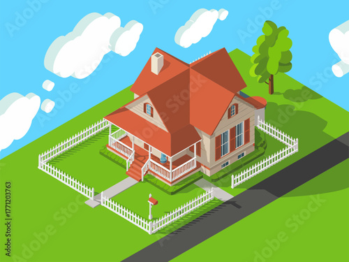 Isometric suburban house with porch and white fence, red roof cottage, green lawn yard, residential home, vector illustration