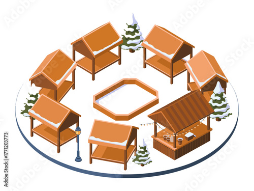 Isometric holiday market circle, wooden stalls around center, seasonal shopping fair, snow scene platform, cheerful winter festival vector