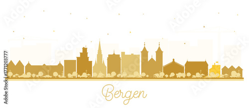 Bergen Norway City Skyline silhouette with golden Buildings isolated on white. Illustration. Bergen Cityscape with Landmarks. Business Travel and Tourism Concept with Historic Architecture.