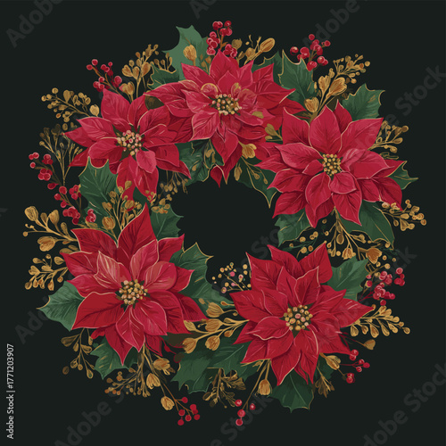 Poinsettia Wreath Vector Illustrations Interior Painting on the Theme of Christmas and New Year