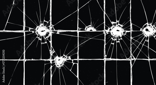 Shattered glass texture, broken panel cracks, impact fracture pattern, radial damage lines, abstract destruction background, high contrast vector illustration