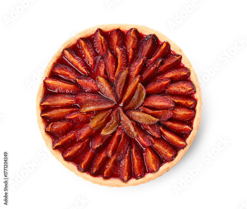 Tasty plum pie on white bac...