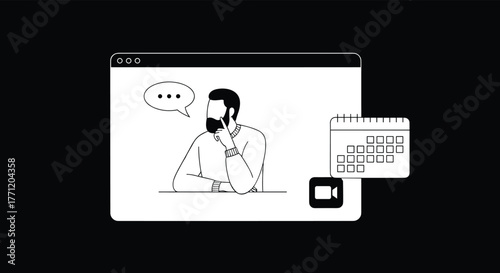 Virtual meeting interface, bearded man thinking, speech bubble, calendar icon, video camera, remote work concept, cad drawing flat vector illustration