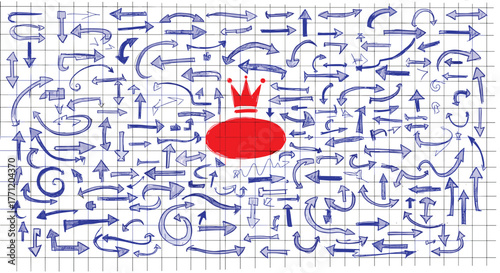 Vector field arrows, turbulent flow pattern, red crown symbol, abstract physics concept, directional force map, cad drawing flat vector illustration
