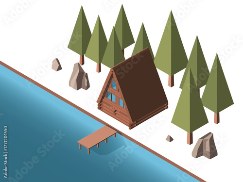 A frame lakeside cabin, wooden pier, conifer forest, mountain retreat getaway, serene nature scene, isometric travel vector