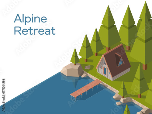 Alpine retreat cabin by lake, dock walkway, pine trees, rocky hillside, cozy wilderness lodging, isometric nature vector illustration