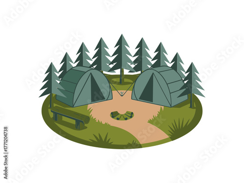 Pine forest campsite, canvas tents circle, ring fire pit, woodland meadow clearing, isometric outdoor scene, travel camping vector