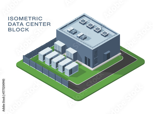 Isometric data center block, server building with rooftop units, fenced generators, green base platform, technology infrastructure, vector graphic