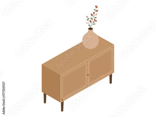 Modern wooden sideboard, cabinet with doors, vase and dried branch, minimalist interior element, home decor, vector graphic