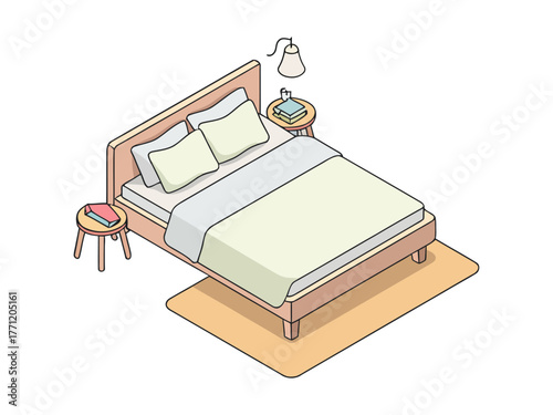 Isometric bedroom interior, contemporary bed with pillows, bedside lamp and stool, rug, cozy sleeping space, clean vector illustration