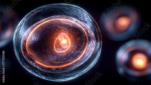 Single human cell with nucleus and membrane architecture, representing cellular function and the origin of complex life.
