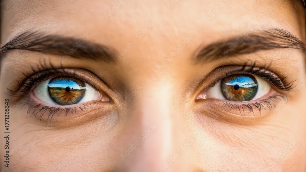 Fototapeta premium Close-up of a person's eyes reflecting a scenic landscape, highlighting the beauty of nature and human connection.