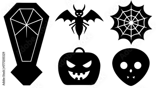 Halloween icons featuring a coffin bat spiderweb pumpkin and skull design