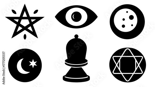 Collection of occult symbols including pentagram eye moon and star of david icons