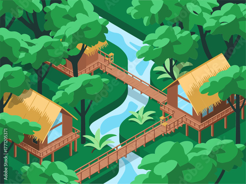 Isometric rainforest treehouse resort, wooden cabins connected by bridges, lush canopy, river below, eco travel destination vector illustration