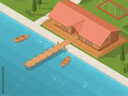 Isometric riverside wooden lodge, long pier with boats, tranquil waterway setting, countryside retreat, fishing cabin house, vacation vector