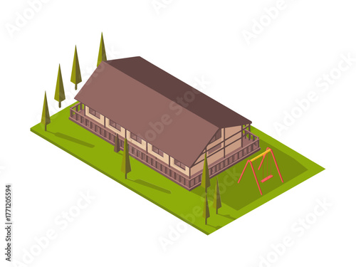 Isometric countryside family house, gabled roof wooden home, backyard swing set, trees and lawn, neighborhood dwelling vector illustration