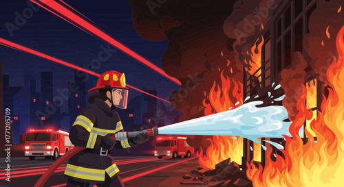 Brave firefighter battling blaze in the urban landscape during nighttime emergency response