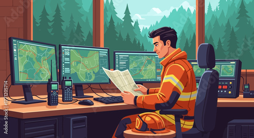 Firefighter coordinates emergency response using maps and technology in a dispatch center
