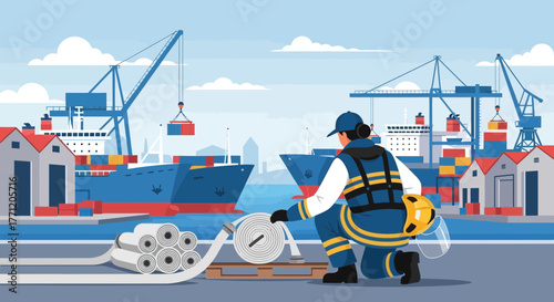 Maritime safety response: illustration of a firefighter preparing equipment at port