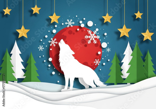 Merry Christmas and winter season greeting card with a wolf and full moon in a forest. Paper art of a wolf howling at a red full moon in a winter forest. 