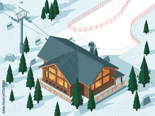 Isometric alpine ski chalet, snowy pine forest, lights windows, mountain resort accommodation, cable lift, winter holiday vector illustration