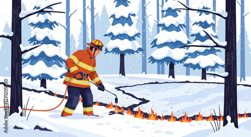 Winter forest fire suppression: A firefighter creating a control line in snow